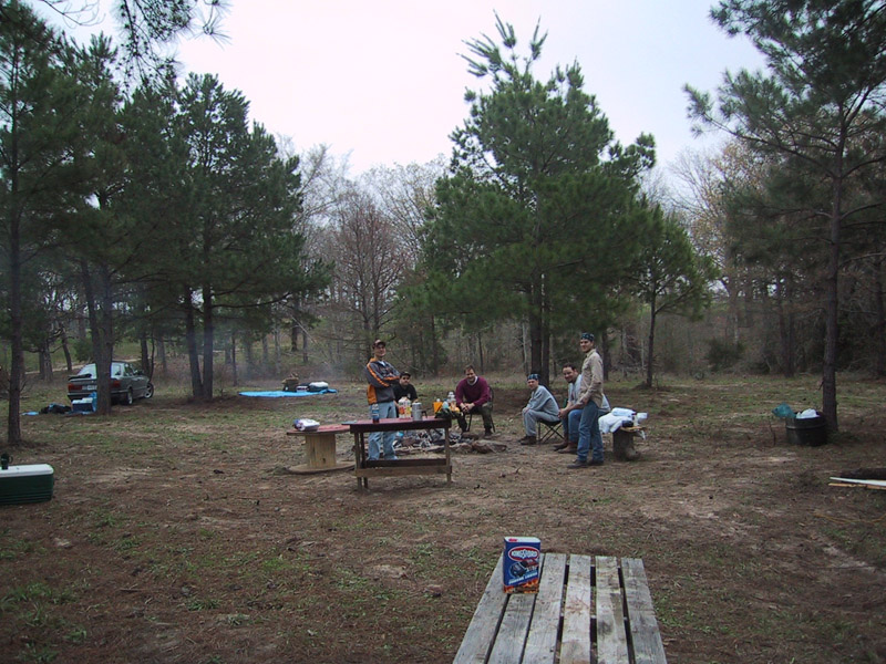 Campsite with people seated near picnic tables under pine trees