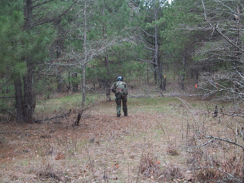 Camouflaged player walking along a woodland path