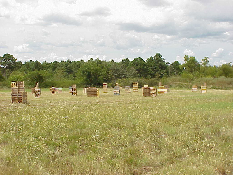 Open grassy playing field with wooden pallet barriers