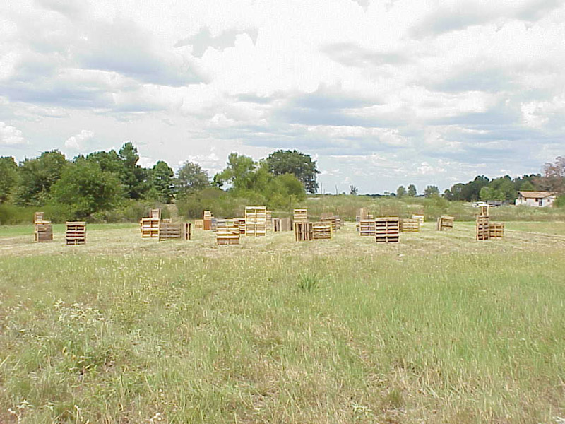 Pallet barricades viewed across a grassy playing field